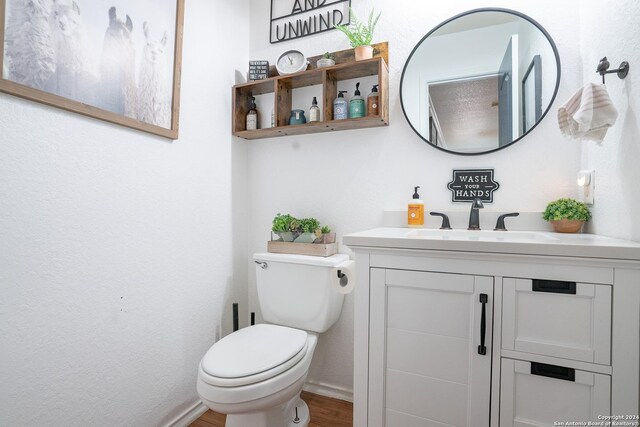 bathroom with vanity, wood-type flooring, and toilet