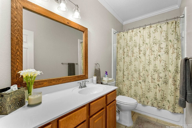 full bathroom featuring vanity, shower / bath combination with curtain, crown molding, tile patterned flooring, and toilet