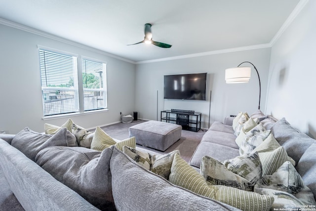 living room featuring carpet flooring, ceiling fan, and ornamental molding