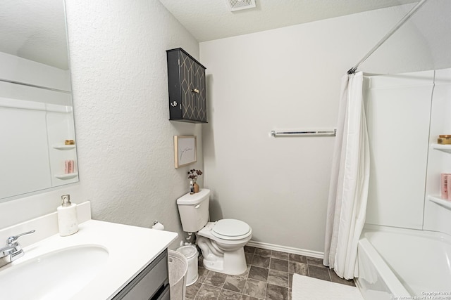 full bathroom with vanity, shower / bathtub combination with curtain, a textured ceiling, and toilet