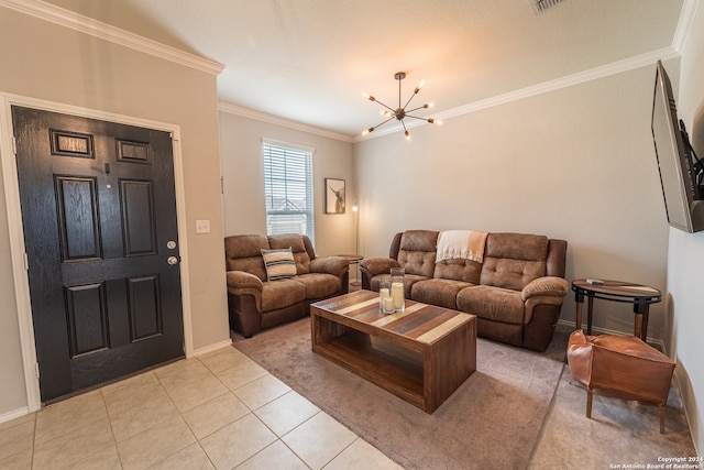 living room with light tile patterned floors, an inviting chandelier, and ornamental molding