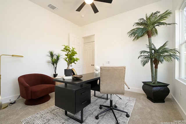 carpeted office featuring ceiling fan