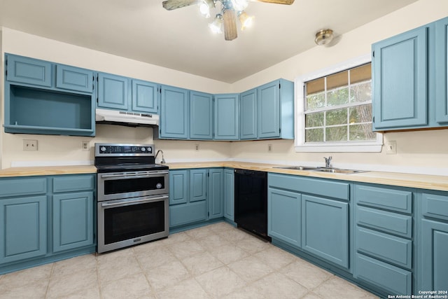 kitchen featuring dishwasher, stainless steel electric range oven, blue cabinets, and sink