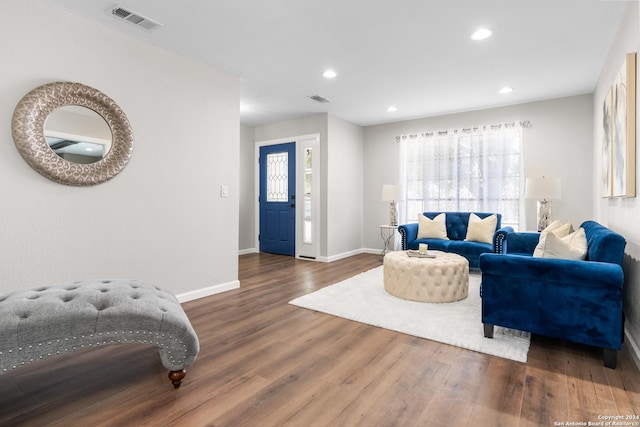 living room featuring dark wood-type flooring