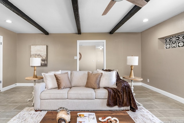 living room featuring beam ceiling and ceiling fan