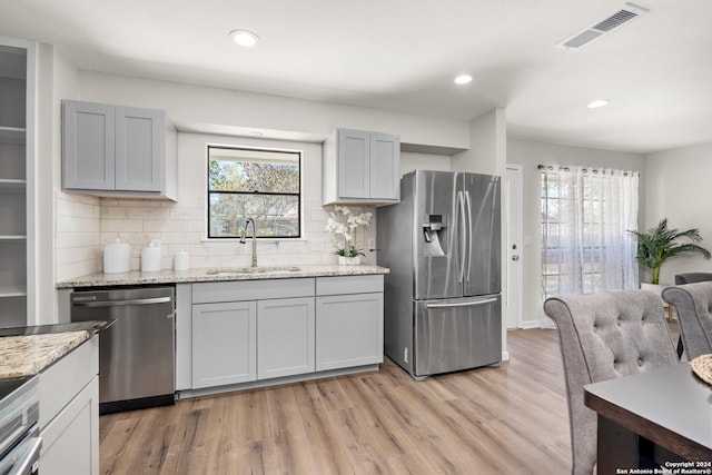 kitchen featuring sink, tasteful backsplash, light stone counters, light hardwood / wood-style floors, and appliances with stainless steel finishes