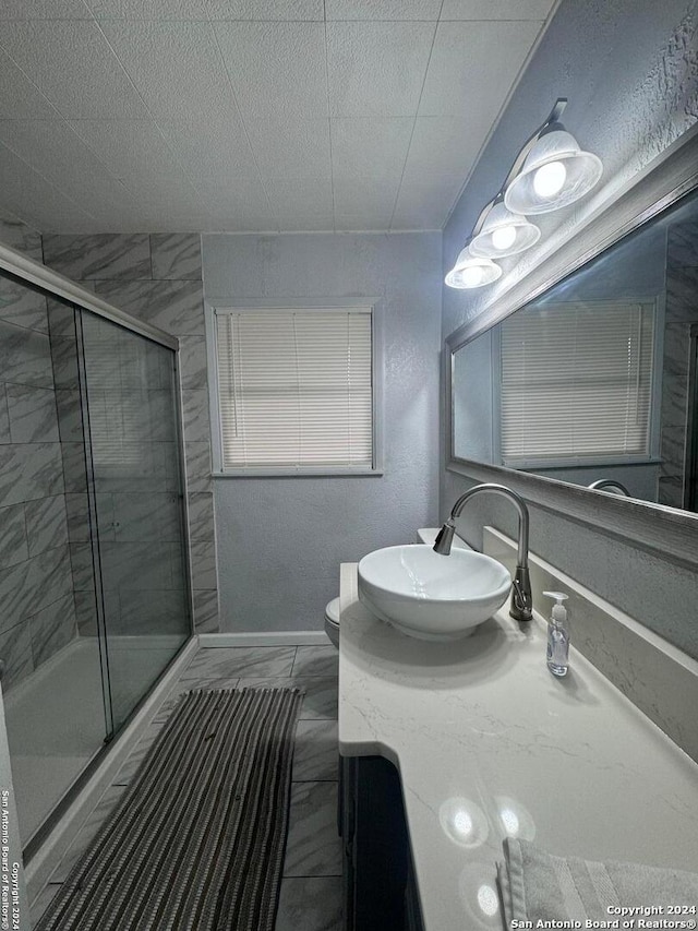 bathroom with vanity, toilet, and walk in shower