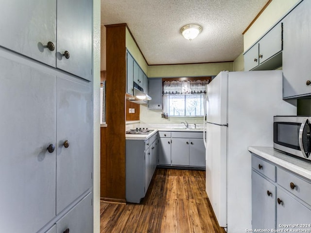 kitchen featuring a textured ceiling, stainless steel appliances, dark wood-type flooring, and sink