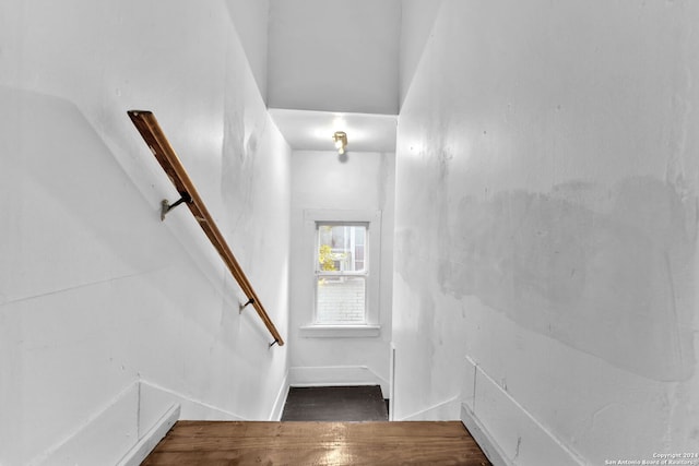 stairs featuring hardwood / wood-style floors