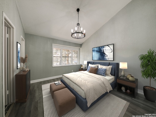 bedroom featuring dark hardwood / wood-style flooring, an inviting chandelier, and lofted ceiling