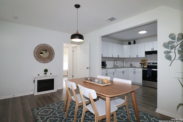 dining room featuring sink and dark wood-type flooring