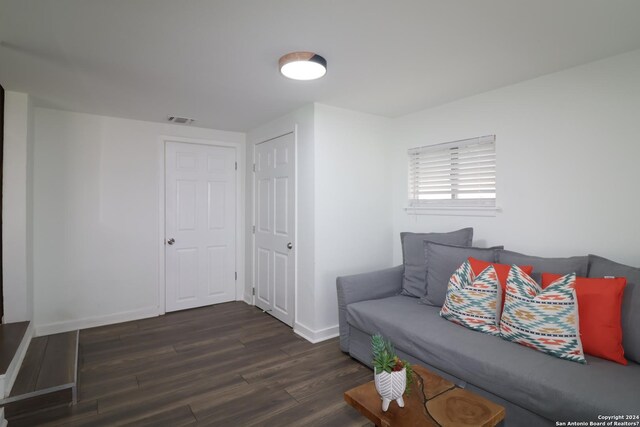 living room featuring dark wood-type flooring