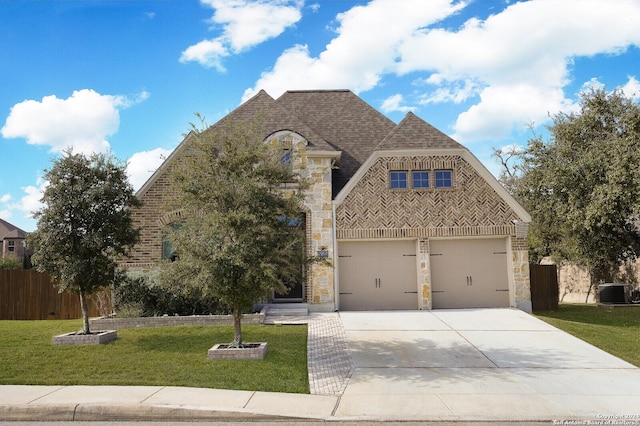 view of front of property featuring central AC unit, a garage, and a front lawn