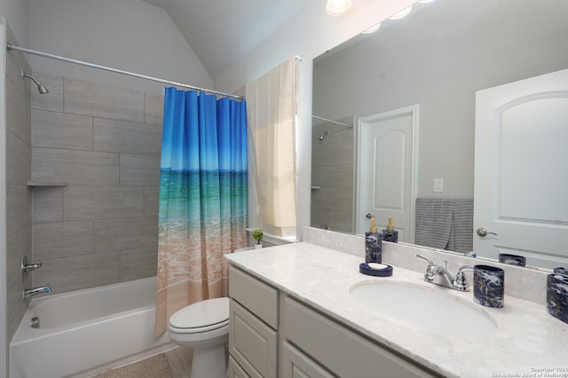 full bathroom with vanity, shower / bath combination with curtain, vaulted ceiling, tile patterned flooring, and toilet