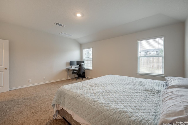 bedroom with carpet floors and lofted ceiling