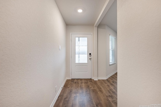 doorway to outside with dark hardwood / wood-style floors, a healthy amount of sunlight, and a textured ceiling