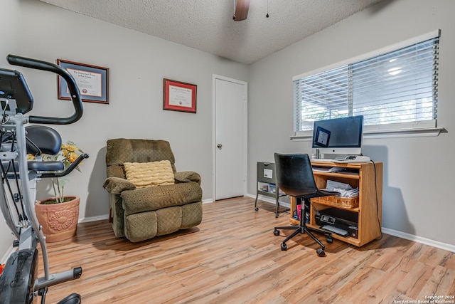 office area with ceiling fan, light hardwood / wood-style floors, and a textured ceiling