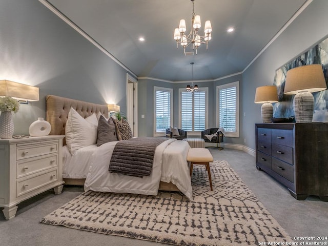 carpeted bedroom with a notable chandelier, ornamental molding, and vaulted ceiling