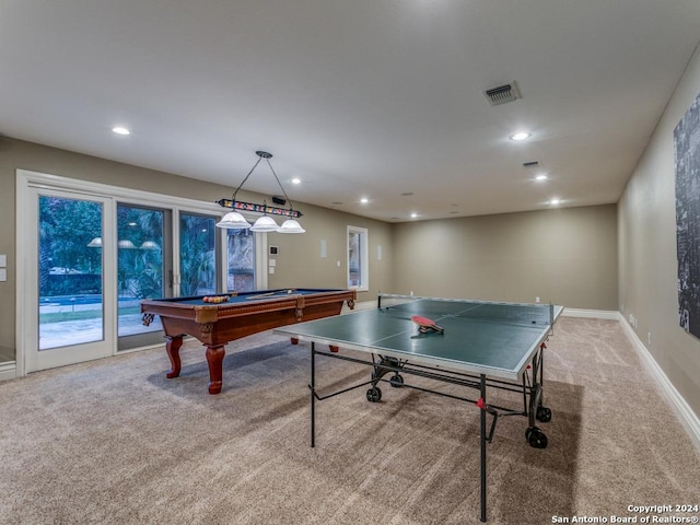 game room with carpet floors and billiards