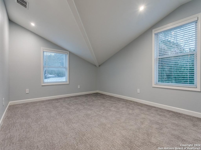 bonus room with light carpet, a wealth of natural light, and lofted ceiling