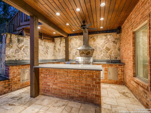 bar with beam ceiling, ceiling fan, wooden ceiling, and wall chimney range hood