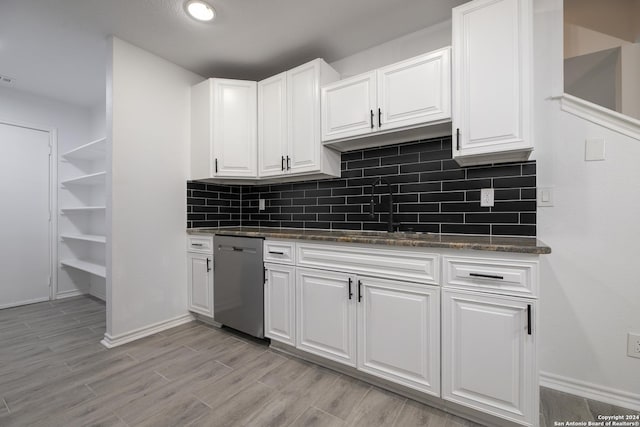 kitchen featuring dishwasher, sink, light hardwood / wood-style flooring, tasteful backsplash, and white cabinetry