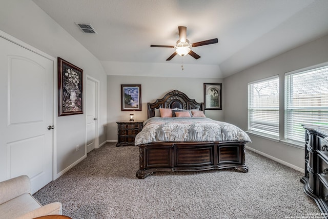 bedroom featuring ceiling fan, carpet, and lofted ceiling