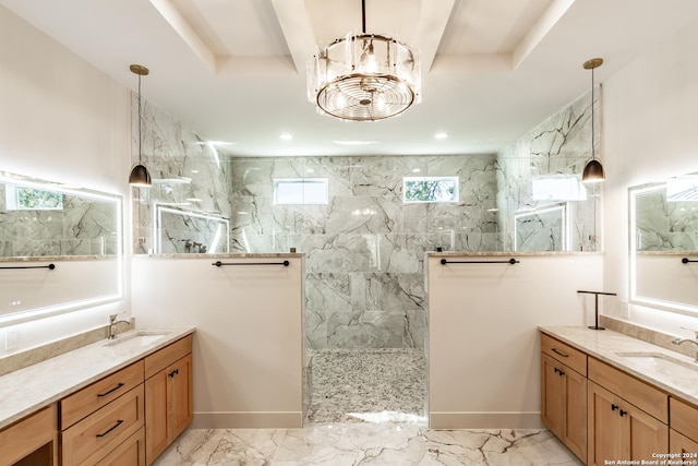 full bath featuring marble finish floor, a marble finish shower, and a sink