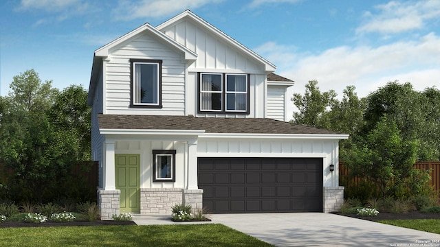 view of front facade with a garage, concrete driveway, stone siding, fence, and board and batten siding