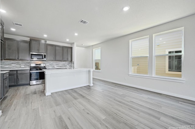 kitchen featuring light countertops, appliances with stainless steel finishes, visible vents, and decorative backsplash