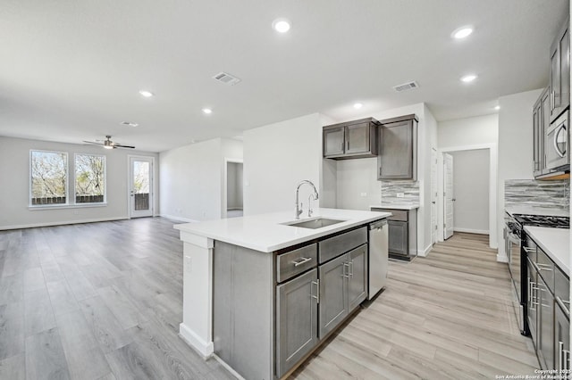 kitchen with a center island with sink, visible vents, decorative backsplash, stainless steel appliances, and a sink