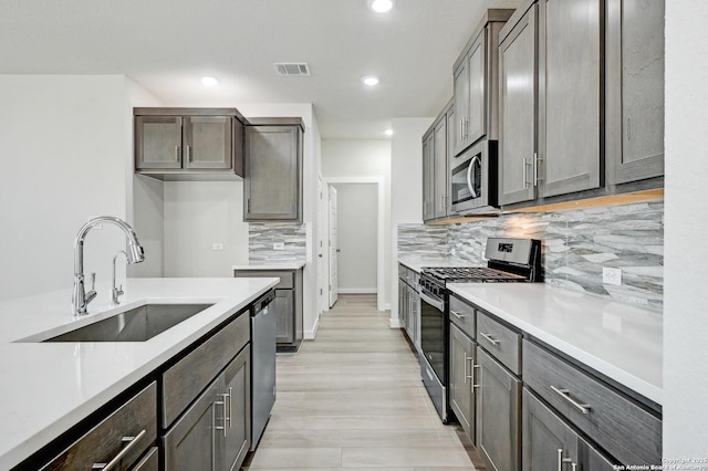 kitchen featuring a sink, visible vents, light countertops, appliances with stainless steel finishes, and backsplash