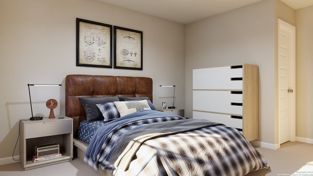 bedroom featuring light colored carpet