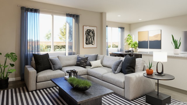 living room featuring wood-type flooring and a wealth of natural light