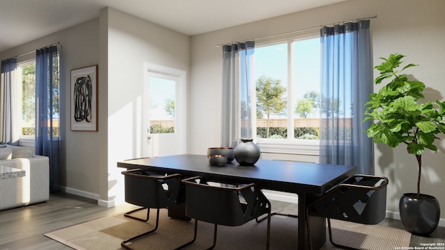 dining area with wood-type flooring and a wealth of natural light