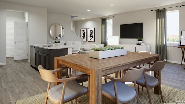 dining area featuring sink and light hardwood / wood-style flooring