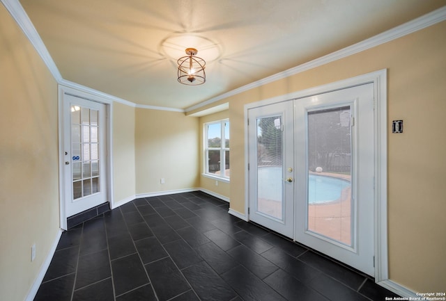 doorway featuring french doors and crown molding