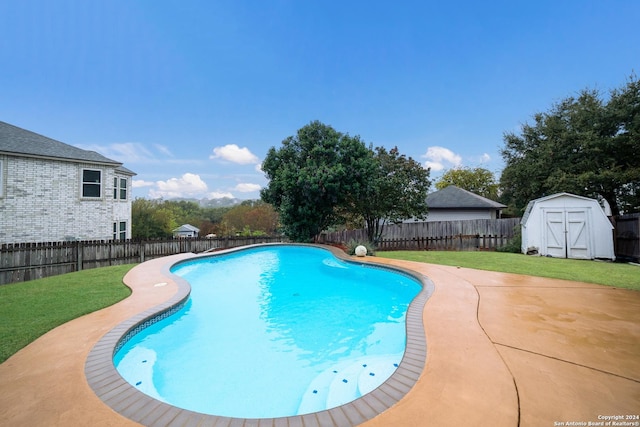 view of swimming pool featuring a yard, a patio, and a storage shed