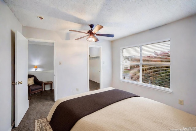 carpeted bedroom with ceiling fan, a walk in closet, and a textured ceiling