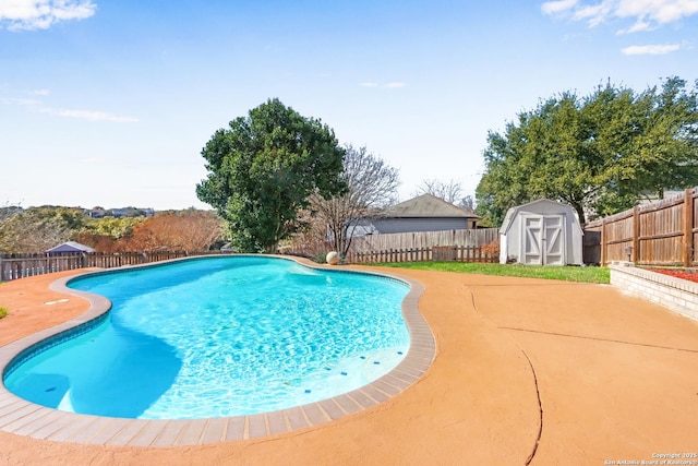 view of swimming pool featuring a patio and a storage unit