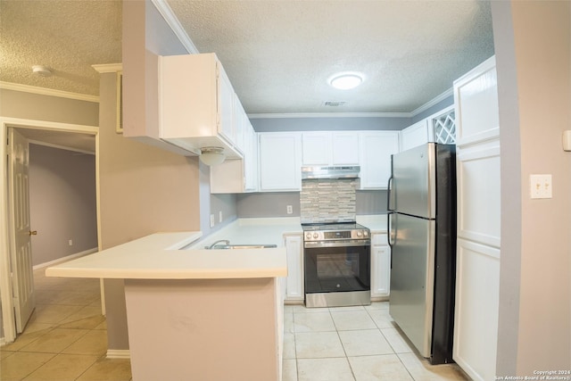 kitchen featuring kitchen peninsula, appliances with stainless steel finishes, and white cabinetry