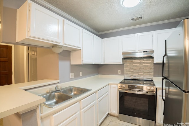 kitchen with crown molding, white cabinetry, stainless steel appliances, and exhaust hood