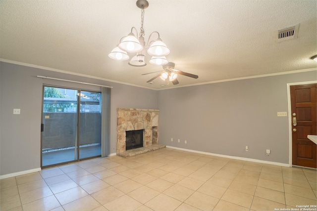 unfurnished living room featuring a stone fireplace, crown molding, a textured ceiling, light tile patterned floors, and ceiling fan with notable chandelier