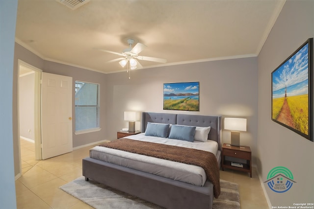 tiled bedroom featuring ceiling fan and ornamental molding