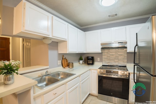 kitchen with stainless steel appliances, extractor fan, crown molding, sink, and light tile patterned floors