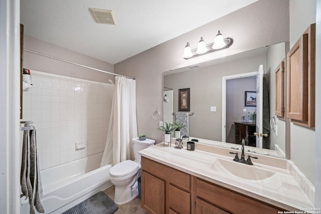 full bathroom with vanity, shower / bath combination with curtain, a textured ceiling, and toilet