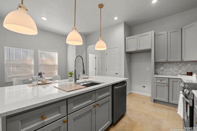 1002 Morningside Dr Unit 6, Terrell Hills, TX 78209 - kitchen with light stone countertops, appliances with stainless steel finishes, hanging light fixtures, and gray cabinetry