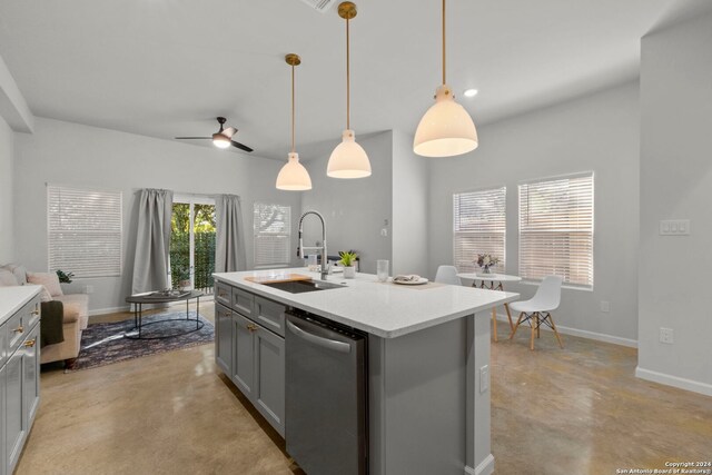 1002 Morningside Dr Unit 6, Terrell Hills, TX 78209 - kitchen with stainless steel dishwasher, ceiling fan, a center island with sink, gray cabinets, and hanging light fixtures