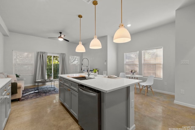 1002 Morningside Dr Unit 6, Terrell Hills, TX 78209 - kitchen with gray cabinetry, stainless steel dishwasher, finished concrete flooring, and ceiling fan