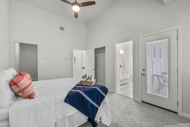 1002 Morningside Dr Unit 6, Terrell Hills, TX 78209 - carpeted bedroom featuring ceiling fan, high vaulted ceiling, and ensuite bath